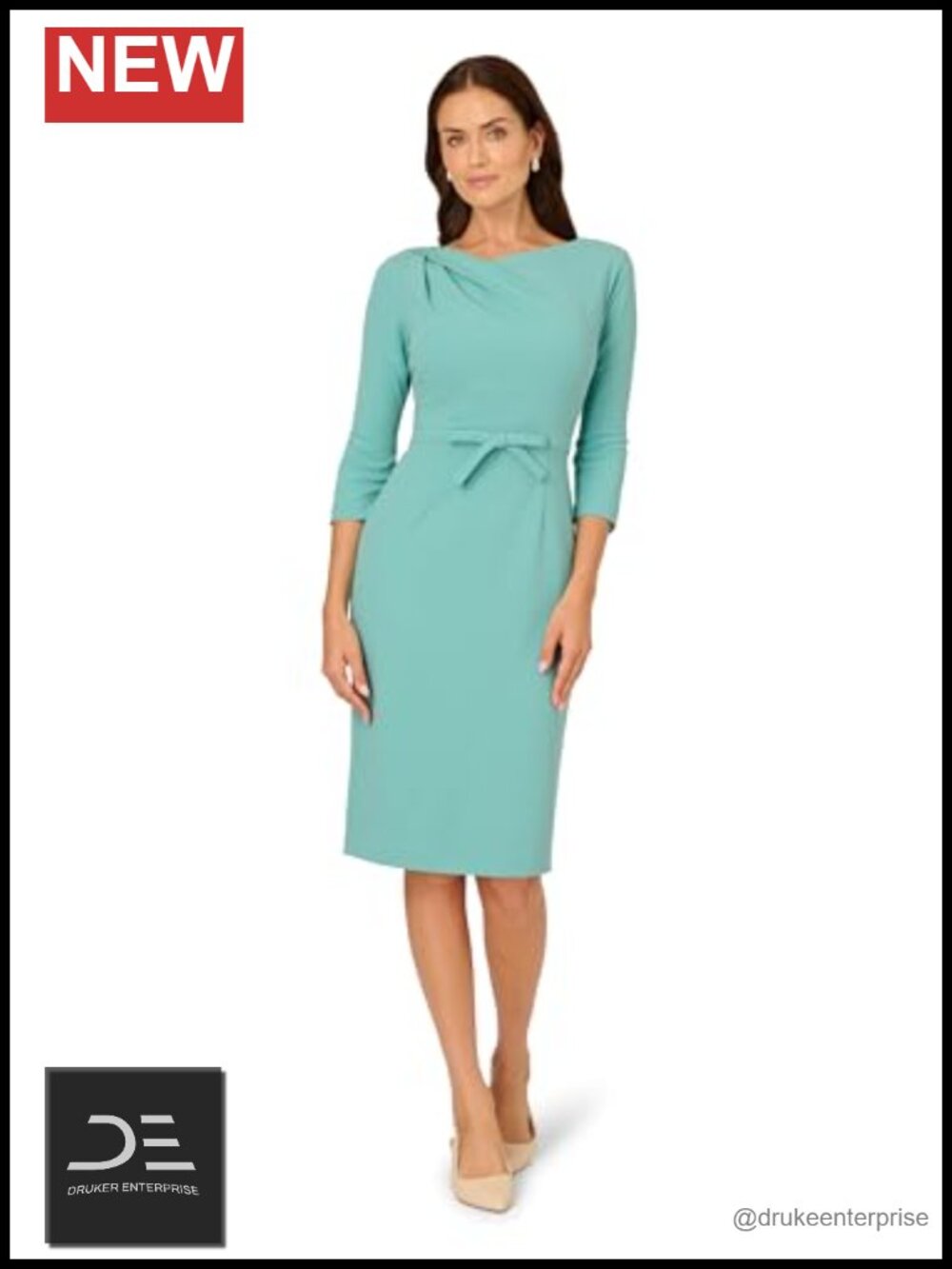 Knit Crepe Sheath Midi Dress Asymmetric Neck 3/4 Sleeve Bow Waist